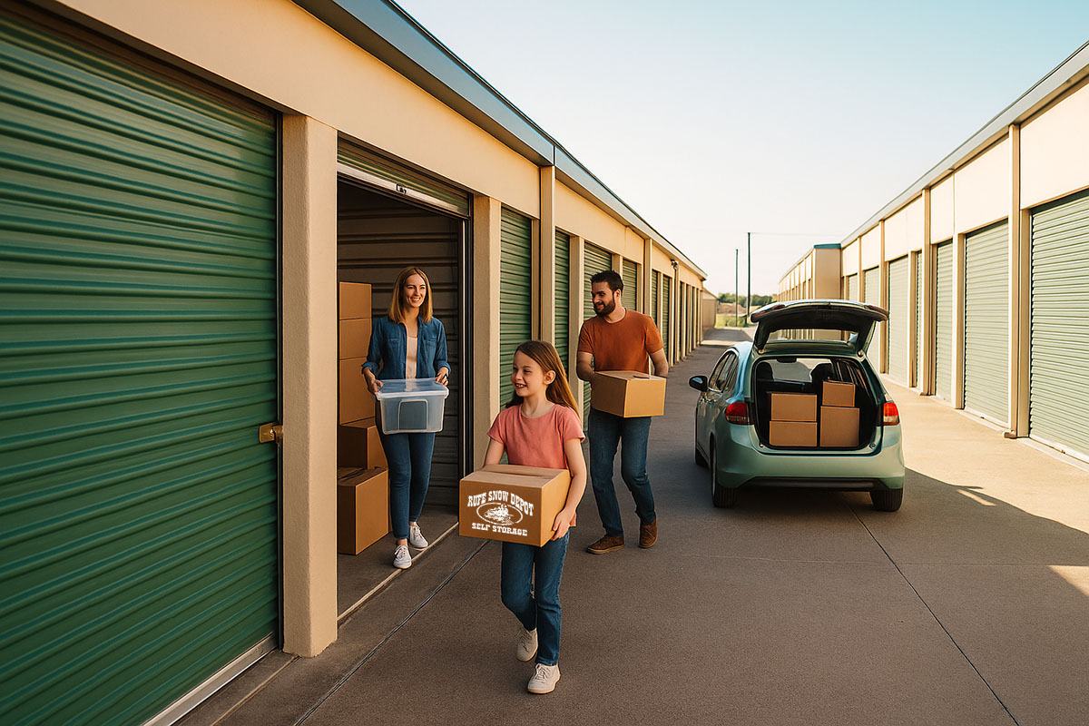 family-moving-in-to-storage-unit Girl and her parents moving into a Rufe Snow Depot Storage Unit