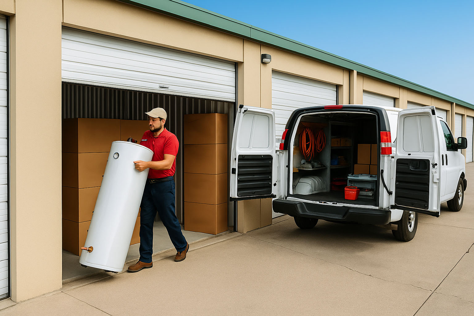 plumber-business-storage plumber moving a water heater into his business storage unit